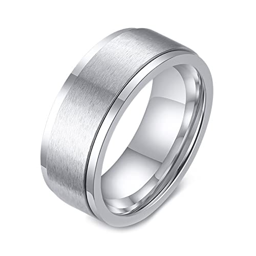 Epinki Bague Anti Stress Acier Inoxydable, 8MM Bague Tournante Mat Argent Homme Bague Rotative Taille 65