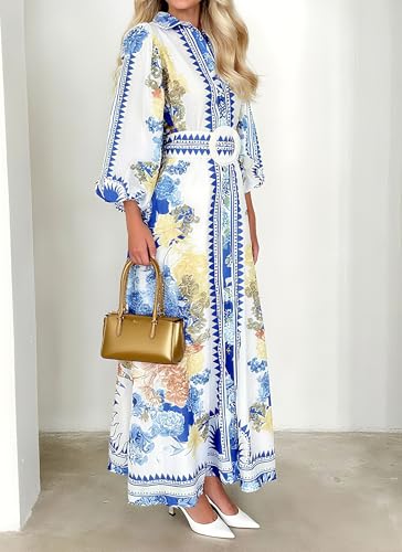 Womens Blue Button Down Shirt Dress Autumn Lapel Neck Lantern Sleeve Boho Outdoor Ceremony Maxi Dresses with Belt3