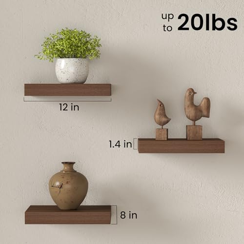 Image of Fun Memories 12 Inch Floating Shelves for Wall Set of 3, Wood Grain Bathroom Shelves with Invisible Brackets, Easy Install Wood Storage Shelves for Kitchen, Living Room, Bedroom, Walnut