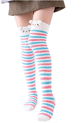 Image of Hotmiss Womens Thigh High Fuzzy Socks Cute Over the Knee Stockings Winter Warm Stripe Leg Warmers