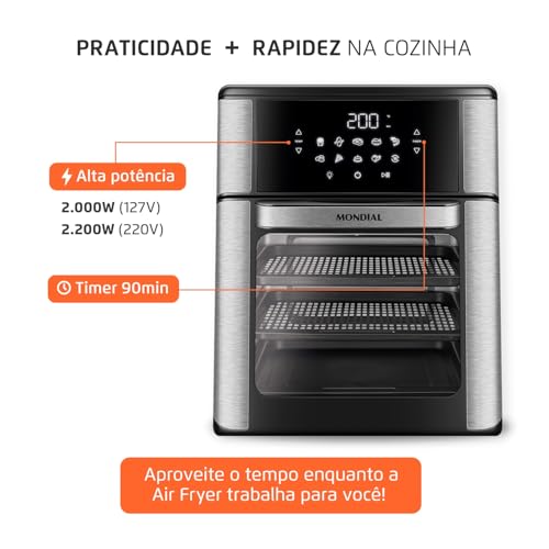 Fritadeira Air Fryer Forno Oven 12 Litros, Mondial, Preto/Inox, 2000W, 110V - AFO-12L-BI