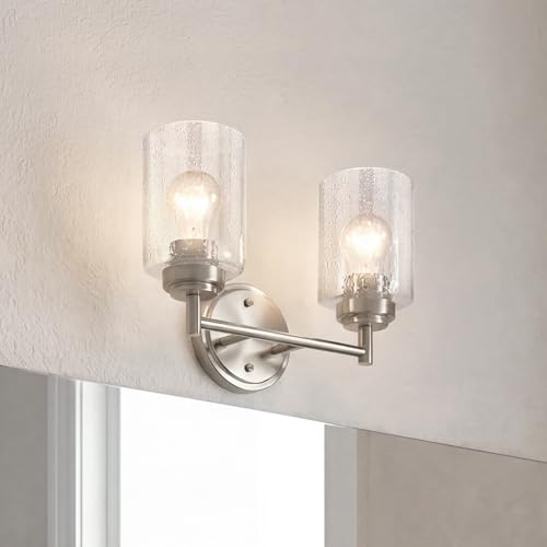 Image of Kichler Winslow 12.75 inch Vanity Light in Brushed Nickel, 2-Light Transitional Bathroom Light with Clear Seeded Glass. (12.75 inch W x 9.25 inch H), 45885NI