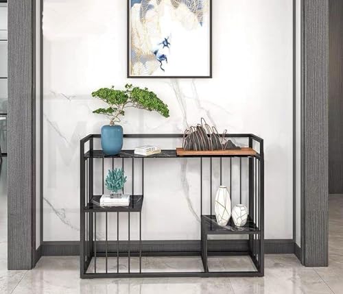 Image of ARTROCK Modern 3-Tier Console Table with Faux Marble Shelves, Gold Metal Frame, Narrow Entryway Sofa Table, Luxury Display Shelf Organizer for Living Room, Hallway, Bedroom & Office (Black)
