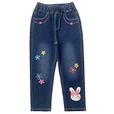 Peacolate 3-10Jahre Frühling Herbst Sommer Little&Big Mädchen Jeans gestickte Kaninchen Blume Denim Hosen Cowboy Hosen (Kaninchen Blume, 4Jahre)