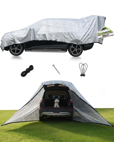 FoundGo Alu Schattennetz Auto Hund 3x4m 85% UV-Schutz Aluminium-HDPE Hitzeschutz mit Ösen Luftdurchlässig & Reflektierend für Camping Sonnenschutz Wohnmobil & Garten mit Zubehör