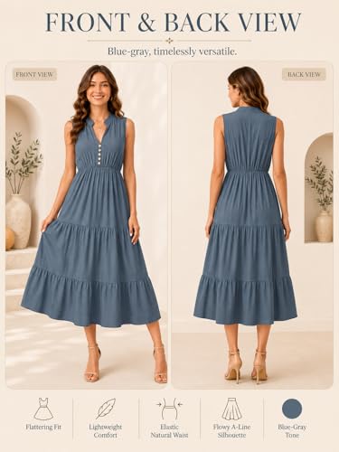 Image of BROVAVE Womens 2026 Summer Sleeveless Shirt Dress Collar Striped V Neck Casual Midi Dresses