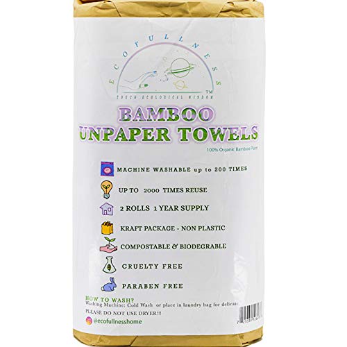 Bamboo Paper Towels - 2 Rolls of 11 x 12 Inch Reusable Paper Towels That Can Be Used Up To 200 Times - 40 Sheets Last Up to One Year - Paper Towel Alternative With Kraft Paper Packaging