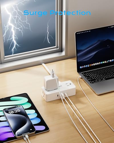 Image of Kakyanill Surge Protector Power Strip, 10 ft Flat Extension Cord with 4 Outlets 3 USB Ports (2 USB C), Flat Plug Power Strip with 900 Joules Protection, Suitable for Home Office Dorm Room, White