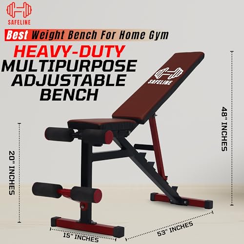 Image of Adjustable Workout Bench for Home Gym | Multifunctional Incline Decline Bench with Preacher Curl Pad & Leg Support | Full Body Strength Training Bench for Men & Women (Red & Black)