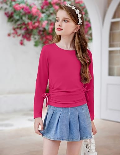 Image of Arshiner Girls Long Sleeve Shirts Ruched Knot Side Tunic Blouse Tee Tops
