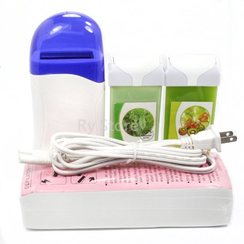 New 4 in 1 Roll on Refillable Depilatory Hot Wax Heater Waxing Hair Removal Cartridge Kit Warmer Salon Tools Machine with 100 PCS Paper Strip , Kiwi Fruit Tea Tree Taste 100g Wax Roller, 110v Us Plug