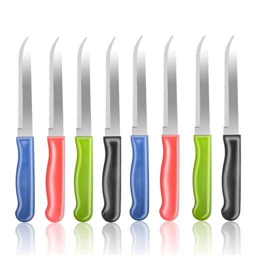 XIKAYA Set di 8 Coltelli da Cucina e da Tavola, Acciaio Inox Colorato - Multiuso per Colazione, Bistecca, Pane, Pomodoro (Incluso Seghettato e Affettatore)