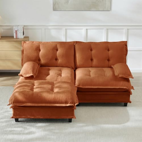 Image of 77 inch L-Shaped Sectional Couches for Living Room, Orange 2 Seater Modern Chenille Deep Seat Sofa Set, Salas para Casa, High Back Love Seat Couches, Cloud Modular Sectional Sets with Ottoman