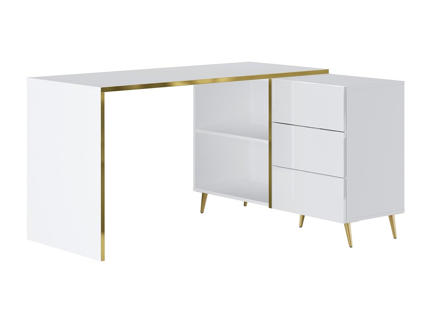 Vente-​unique - Bureau d'angle avec tiroirs et niches - Blanc Brillant et doré - MARZIALO - avec Rangement