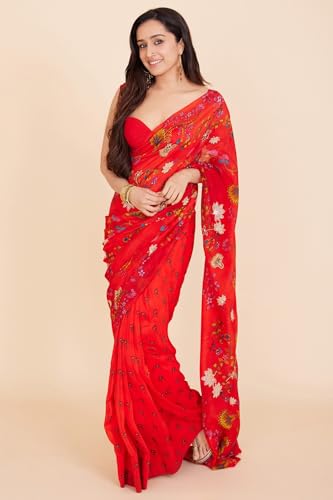 Image of Sidhidata Women's Digital Printed Georgette Saree With Unstitched Blouse Piece (Kriti Sanon White Free Size)