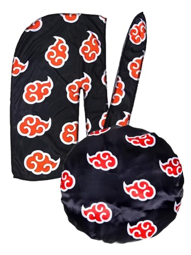 CROWN Anime Durag and Silk Bonnet 2pcs Set for Men Women Silky Design Satin Fabric Comfort Compression Redcloud