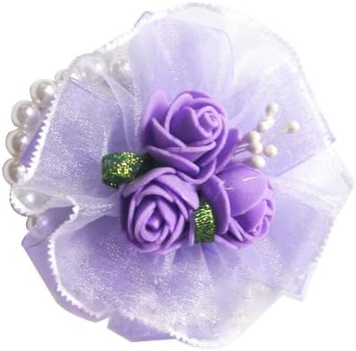 Wedding Party Prom Wrist Corsage Flower Faux Pearl Bracelet--Purple