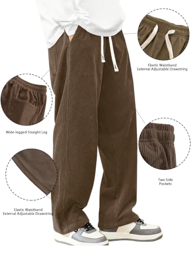 Image of Hidkat Mens Corduroy Casual Pants Winter Thermal Fleece Lined Sweatpants | Fashion,Loose Fit,Wide Leg,Elastic Waist Drawstring,Sherpa Lining