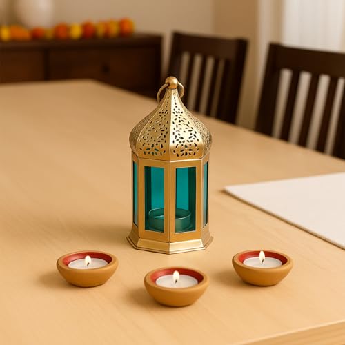 Image of MARKET 99 Metal+Glass Moroccan Lantern with Plain Glass | for Diwali, Christmas, Birthday, and Wedding | Decorative Candle Holder for Home Decor -Golden & Blue | (Use LED T-Light only)