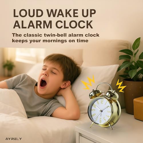 Image of AYRELY Super Loud Alarm Clock for Heavy Sleepers Adults,Twin Bell Retro 4 Inch Silent Non-Ticking Quartz with Backlight, Metal dial, Alarm Clocks for Bedrooms Bedside (Gold-White)