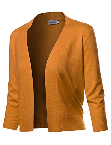 Solid Soft Stretch 3/4 Sleeve Layer Bolero Cardigan Mustard Size L