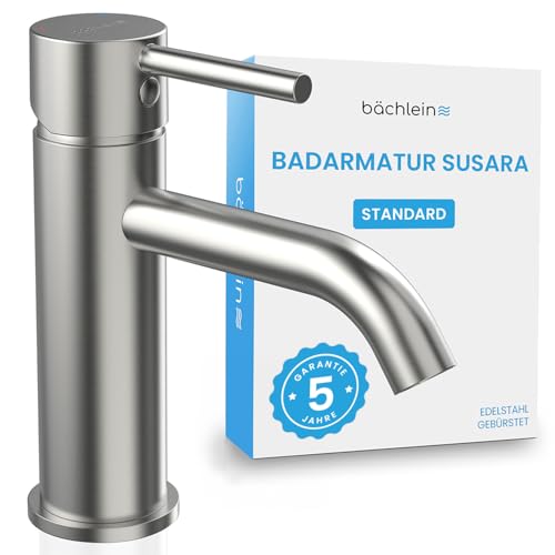 Bächlein Badarmatur Susara mit gebogenem Auslauf, Design Einhebelmischer mit langlebiger Keramikkartusche und Montage-Set, Bad Wasserhahn Edelstahl gebürstet