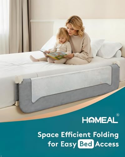 Image of HOMEAL Bed Rail for Toddlers, 59 inch Extra Long Swing Down Bed Guard with Double Reinforced Stability, Foldable Metal Safety Rail for King, Queen, Full & Twin Beds, Grey
