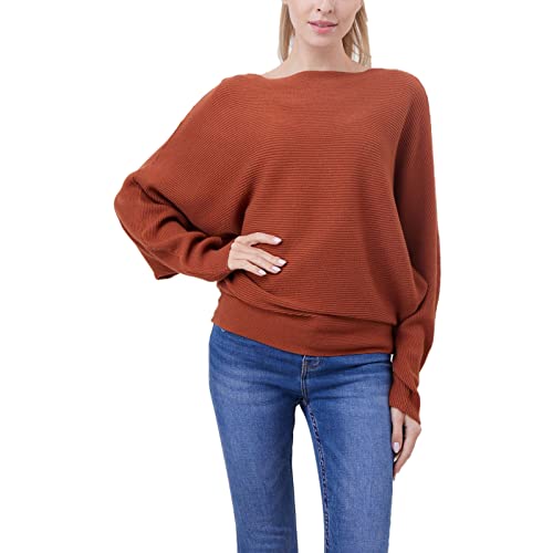 Image of Blostirno Women's Boat Neck Batwing Sleeves Dolman Ribbed Knitted Sweaters Pullovers Tops