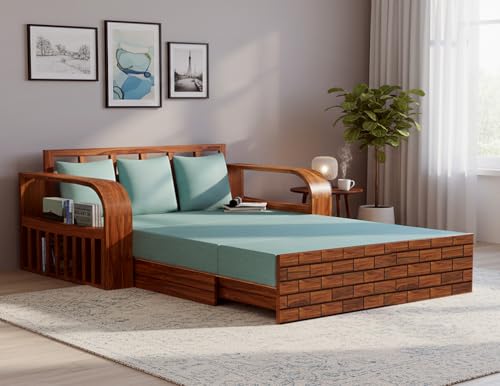 Image of APRODZ Solid Sheesham Wood Sofa Cum Bed 3 Seater Velevt Fabric with Blue Upholstery & Cushion Perfect Sofa Furniture for Home Living Office Room and Guests (Honey Finish 75x69x30-Inch)