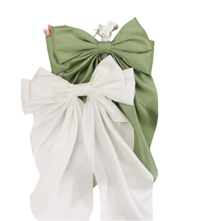 Image of FilterFashion Big Satin Layered Hair Bows for Women Girls 11.5 Inch Barrette Hair Clip Long Back Ribbon Bows French Style Hair Accessories (Green,White)