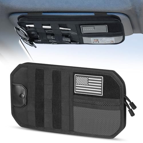 LEPHYON Molle Visor Organizer for Car 1000D Polyester Tactical Panel Sun Glasses Holder with Zipper Pockets Adjustable Straps for SUV Truck Pickup Patrol Car Storage (Black)