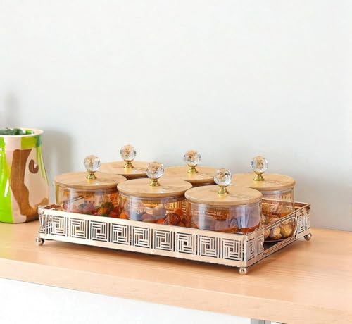 Image of Diwali Serving Dry Fruit, 6 pcs Glass Container Serving Tray Set | 600 ML Each Premium Design Air-Tight Lid Snack Organizer Tray Copper Stand Wooden Lid