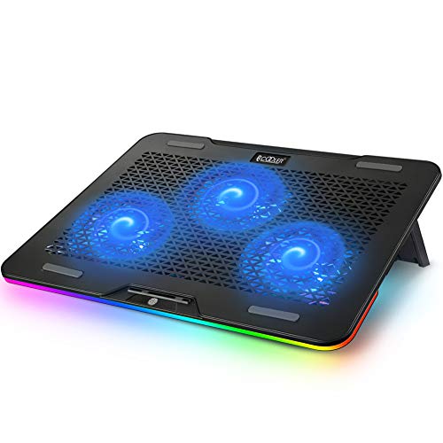 Pccooler Laptop Cooling Pad, RGB Laptop Cooling Stand for 12-17 Inch Gaming Laptop with 3 Powerful Quiet Blue LED Fans & 3 Angles Adjustable - Touch Control Multiple Light Modes - Dual USB 2.0 Ports