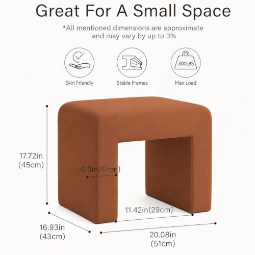 Image of Kundi Modern Boucle Vanity Stool Chair with Wooden Legs - Soft Ottoman Footstool for Makeup Room, Living Room, Entryway & Office (White) (Brown)