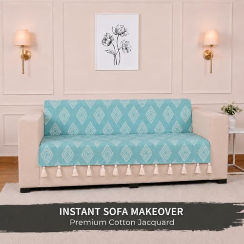 Image of STITCHNEST 'Verdant Rekhika Stories' 3 Seater Sofa Cover | Full Coverage with Armrest Pockets | Elegant Jacquard Fabric, Decorative Tassels, Washable & Durable for Modern Living