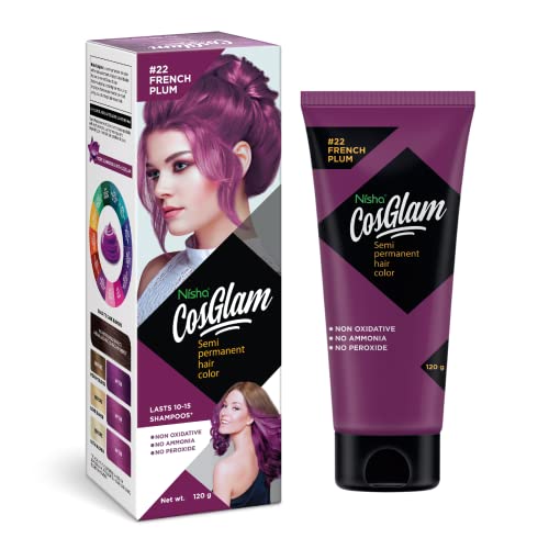 Nisha Cosglam Vegan And Cruelty Free Semi Permanent Hair Color, Purple Hair Dye With Infused Conditioner | No Ammonia, No Peroxide, Non Oxidative Hair Colour - 120g / 4.06 Fl Oz (#22 French Plum)