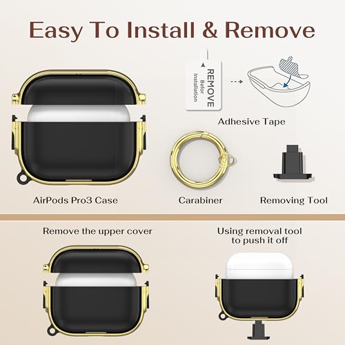 Image of Maxjoy for AirPods Pro 3rd Generation Case with Lock, Cute AirPods Pro 3 Case Lock Protective Hard AirPod Pro 3 Cover for Women Men with Keychain for Airpod Pro 3rd Gen Cover 2025,Gold /Black