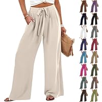 Wifgmjy Linen Trousers High Waist Wide Leg Pants with Pockets Loose Drawstring Trousers Women Tie Knot Lightweight Casual Summer Pants Office Business Workwear Plus Size