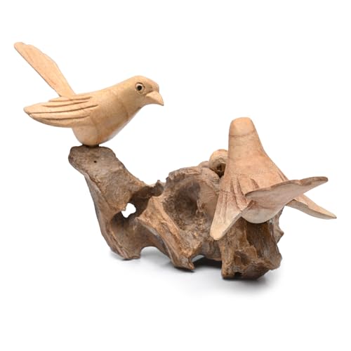 Image of BAGUS Handcrafted Wooden Birds on Nest Sculpture, Traditional Home Decor, Natural Wood Finish, 20X9X9 cm