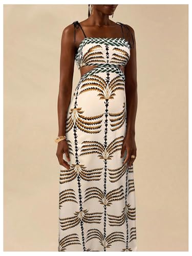 Image of SOLY HUX Women's Summer Maxi Dress Boho Print Tie Shoulder Spaghetti Strap Cut Out Tie Back Cami Dresses Sundress