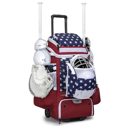 KAVIGOR Catchers Gear Bag with Wheels 90L Rolling Baseball/Softball Bag Holds 2 Sets of Gear with Glove Compartment Helmet Holder & Shoe Compartment