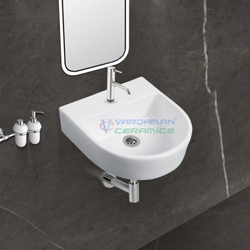 Image of Wash Basin Wall Hung Mounted Glossy Finish White Sink for Bathroom (13 x 13 x 5 Inch)
