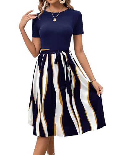 Image of Women's Elegant Vintage Round Neck Short Sleeve Summer Casual Work Party A-Line Dress with Belt 809