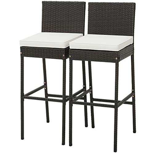 HOMASIS Taburete de Bar de ratán de 2 Piezas con cojín de Asiento y reposapiés, Taburete de Bar con Respaldo, Robusto armazón de Metal, Capacidad de Carga 180 kg, para Patio, balcón y Piscina, marrón