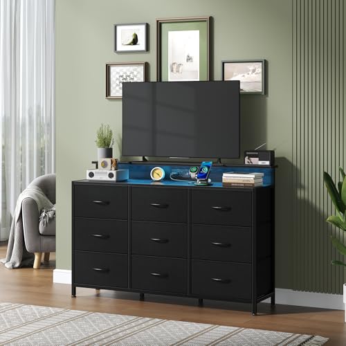 Image of NEWBULIG Wooden Top Media Console for 32-52 inch Dresser TV Stand with 9 Fabric Drawers & Open Shelves, Entertainment Center with LED Lights & Charging Station for Bedroom, Black