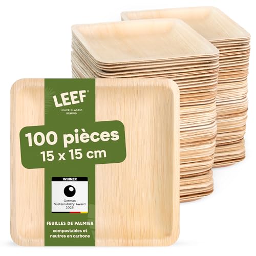 Leef® assiette jetable en palmier [100pcs | 15cm] assiette barbecue comme décoration d'anniversaire [carré] assiettes plates alternative aux assiette plastique...