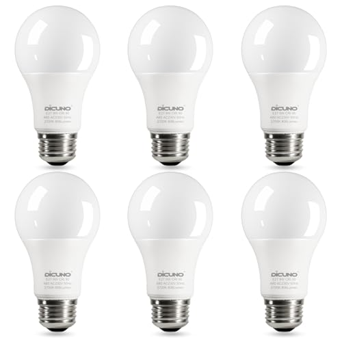 DiCUNO 9W E27 LED Lampe ersetzt 60W, 2700K Warmweiß, 806lm, A60 Matt Edisonbirne, CRI 90, 220° Abstrahlwinkel, flimmerfrei, nicht dimmbar, 230V Energiesparlampe, 6er Pack