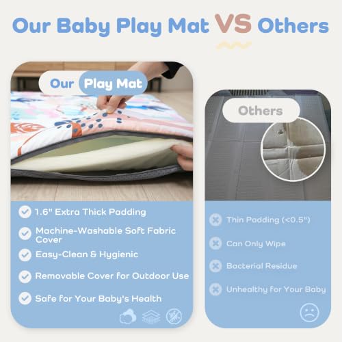 Image of 1.6 inch Thick Baby Play Mat, 50x50 Removable & Machine Washable Cover | Padded Memory Foam, Non-Slip Backing, 100% Baby-Safe Materials, Tummy Time Crawling, Outdoor, Bedroom, Living Room, Nursery