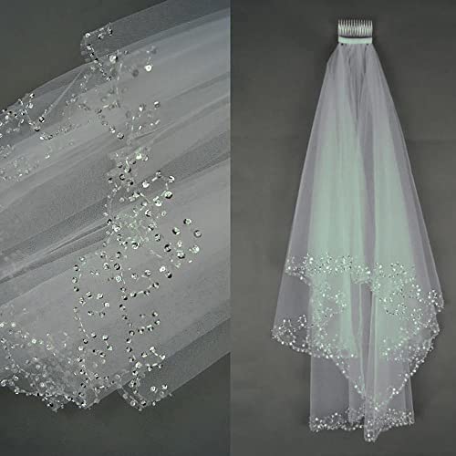 TEWAX White or Ivory Short Wedding Veil with Crystal Edge with Comb 2 Beaded Bride Bridal Veils