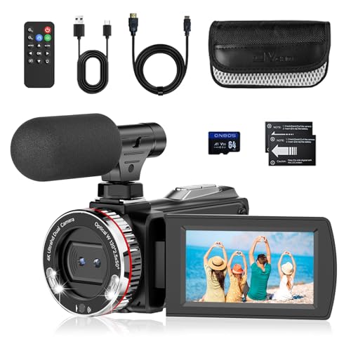 Videocamera 4K 48MP Camcorder per YouTube, 21X Zoom Digitale Videocamere, Schermo Rotante 270° 3' Vlog Camera, Video Camera con Scheda TF da 64 GB, Cavo HDMI, Mic, Telecomando, 2 Batterie (Dual CAM)